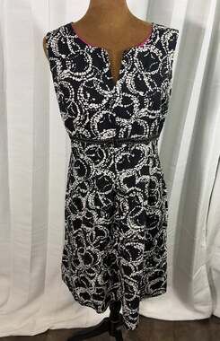 Another Thyme 12 Black White Abstract Cotton A-Line Dress Bow Notch Neck
